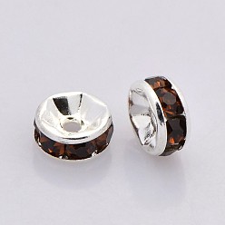 Coffee Brass Rhinestone Spacer Beads, Grade AAA, Straight Flange, Nickel Free, Silver Color Plated, Rondelle, Coffee, 4x2mm, Hole: 0.8mm
