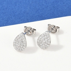 Платина Серьги-гвоздики из латуни с микропаве из прозрачных кубических цирконий в форме капли, долговечный, без кадмия и без свинца, стойки покрытие, платина, 9x6.5 мм