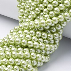 Бледно-Зеленый Круглые бусины из экологически чистого окрашенного стекла с жемчугом, класс А, хлопковый шнур , зеленый желтый, 6 мм, отверстие : 0.7~1.1 мм, около 72 шт / нитка, 15 дюйм