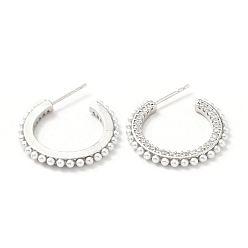 Платина С-образные серьги из прозрачного циркония с акриловой жемчужиной, латунные серьги-кольца для женщин, без кадмия и без свинца, платина, 23x24x2 мм, штифты : 0.7 мм