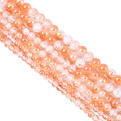 Коралловый 3 нити 3 стили гальванизированные стеклянные бусины с эффектом кракле нити, с половиным покрытием, круглые, коралл, 6~10.5 мм, отверстие : 1~1.2 мм, около 41~67 шт / нитка, 14.57~15.16 дюйм (37~38.5 см), 1 прядь / стиль
