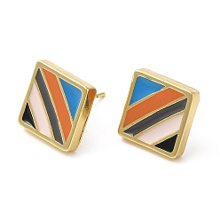 Real 18K Gold Plated Rack Plating Brass Square Stud Earrings with Enamel, Lead Free & Cadmium Free, Real 18K Gold Plated, 12x12mm