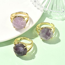 Аметист Латунные манжеты с открытыми кольцами, с естественным аметист, круглые, граненые, стойки покрытие, долговечный, золотые, 18 мм