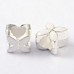 White Alloy Enamel European Beads, Large Hole Beads, Flower, Silver Color Plated, White, 10x10x8mm, Hole: 5mm