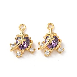 Фиолетовый Латунные микро проложить кубического циркония подвески, сердце, без никеля , реальный 18 k позолоченный, фиолетовые, 15x11.5x7.5 мм, отверстие : 1.5 мм
