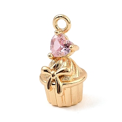 Бледно-Розовый Латунные микро проложить кубического циркония подвески, сердце с подвесками для торта, реальный 18 k позолоченный, розовый жемчуг, 15x8.5x9.5 мм, отверстие : 1.6 мм