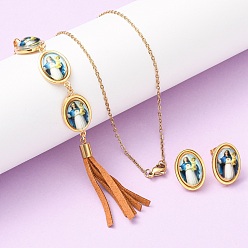 Настоящее золото 18K 304 комплекты из ожерелий с подвесками из нержавеющей стали и серег-гвоздиков для женщин, овальные с рисунками " virgin mary", покрытие (IP), реальный 18 k позолоченный, Ожерелья: 447 mm