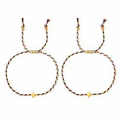 Coconut Brown Brass Religion Cross Beads Braided Cotton Cord Bracelet Sets for Women Men, Adjustable Stackable Bracelets, Golden, Coconut Brown, 11.02 inch(28cm), 2pcs/set