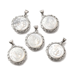 Платина Латунь с резными подвесками из натуральной ракушки, стойки покрытие, плоский круглый с луной и кошкой, платина, 22x19.5x3 мм, отверстие : 3x4 мм