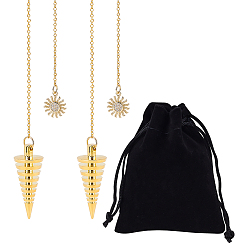 Золотой 2 маятники биолокации из латунной катушки, спиральный маятник, с латунными солнечными подвесками из прозрачного кубического циркония и латунными цепочками-кабелями, конус, с прямоугольными бархатными мешочками, золотые, 307 мм, 2 шт / комплект