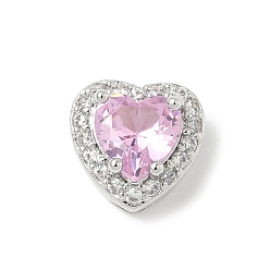 Бледно-Розовый Латунные бусины, сердце, с микропаве из кубического циркония и кристаллического циркония, без кадмия и без свинца, окт, платина, розовый жемчуг, 9x10x7 мм, отверстие : 2/3x2 мм