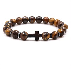 Ojo de Tigre Pulseras elásticas redondas de cuentas de ojo de tigre natural de 8 mm con cruz de hematita sintética no magnética, 7.48 pulgada (19 cm)