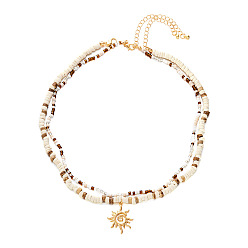 Золотой Сплав подвеска солнце натуральный кокос и стеклянные бусины двухслойные ожерелья, золотые, 18.11 дюйм (46 см), 2 шт / комплект