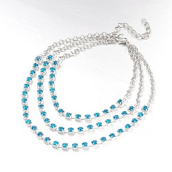 Синий Циркон Латунь горный хрусталь трехуровневую браслеты, с цинкового сплава омаров коготь застежками и железными цепями, платина, синий циркон, 225x4 мм