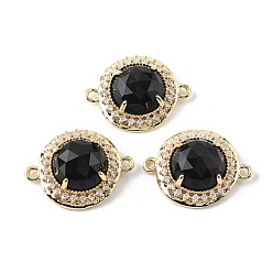 Обсидиан Подвески с граненым соединителем из натурального обсидиана, латунные микро-паве прозрачные кубические цирконии плоские круглые драгоценные камни звенья, золотые, стойки покрытие, 21x16x7 мм, отверстие : 1.6 мм