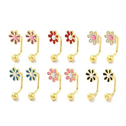 Mixed Color 12 Pairs 6 Color 304 Stainless Steel Emanel Flower Curved Barbell Stud Earrings, Mixed Color, 18.5x7.5mm, 2 Pair/color