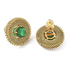 Green 304 Stainless Steel Pave Cubic Zirconia Twisted Chain Disc Stud Earrings for Women, Golden, Green, 20.5mm