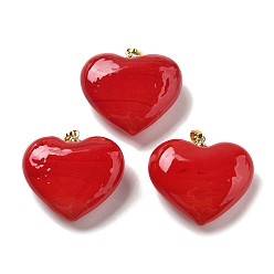 Красный Подвески лэмпворк ручной работы, с реечной накладкой из латуни с золотистым напылением, долговечный, шарма сердца, красные, 28.5x30.5x12.5 мм, отверстие : 6 мм