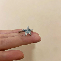 Aigue-marine Manchette ouverte en alliage et strass en forme d'étoile de mer pour femmes, platine, aigue-marine, taille us 4 1/4 (15~20 mm)
