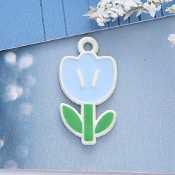Light Blue Spray Painted Alloy Enamel Pendants, Flower, Light Blue, 23x12mm