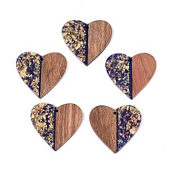 Темно-Синий Подвески из непрозрачной смолы и орехового дерева, сердце прелести, с блестящей пудрой и золотой фольгой, темно-синий, 37.5x39x3~3.5 мм, отверстие : 2 мм