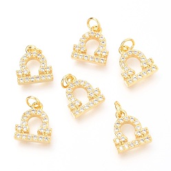 Весы Латунные микропаве прозрачные кубические циркониевые подвески, с прыжковых колец, реальный 18 k позолоченный, двенадцать созвездий, Весы, 10.9x9.3x2.4 мм, отверстие : 2.6 мм