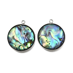 Плоский Круглый 304 подвески из натуральной ракушки пауа из нержавеющей стали, цвет нержавеющей стали, плоско-круглые, 23x20x4 мм, отверстие : 1.5 мм