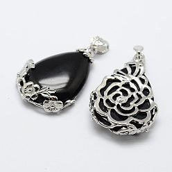 (946F)Морозный цвет внутри  Жонкиль / Непрозрачная зеленая подкладка Натуральный черный агат подвески, с латунной фурнитурой , слеза, платина, 40.5x27x8.5 мм, отверстие : 4x6.5 мм