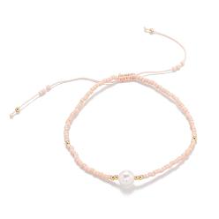 Misty Rose Adjustable Nylon Cord Braided Bead Bracelets, with Japanese Seed Beads and Pearl, Misty Rose, 2 inch~2-3/4 inch(5~7.1cm)