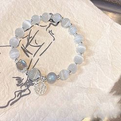 Лунный Камень Плоские круглые браслеты-талисманы на удачу из сплава, кошачьего глаза и натурального лунного камня для женщин, платина, 7-1/8~8-5/8 дюйм (18~22 см)