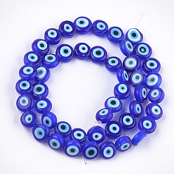 Blue Handmade Evil Eye Lampwork Beads Strands, Flat Round, Blue, 7.5x3mm, Hole: 1mm, about 48pcs/strand, 13.7 inch~14.9 inch