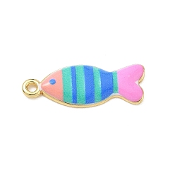Hot Pink Printed Brass Pendants, Fish with Stripe Charms, Rack Plating, Long-Lasting Plated, Lead Free & Cadmium Free, Real 18K Gold Plate, Hot Pink, 26.5x10x2.5mm, Hole: 2mm