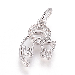 Real Platinum Plated Brass Micro Pave Cubic Zirconia Pendants, with Jump Ring, Long-Lasting Plated, Ring with Cat, Clear, Real Platinum Plated, 15x9x1.5mm, Hole: 3.5mm