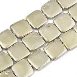 Dark Khaki Spray Painted Shell Pearl Beads Strands, Square, Dark Khaki, 15x15x3.5mm, Hole: 0.8mm, about 24pcs/Strand, 14.57 inch(37cm)