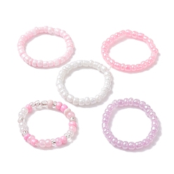 Mixed Color 5Pcs 5 Color Glass Seed Beaded Stretch Finger Rings, Stackable Rings, Mixed Color, Inner Diameter: 20mm, 1Pc/color