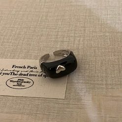Black Brass Enamel Cuff Open Rings, Heart, Black, 15~20mm