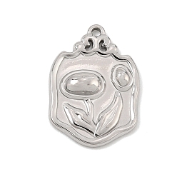 Couleur Acier Inoxydable Pendentifs en acier inoxydable, bouclier orné de charmes floraux, couleur inox, 304mm, Trou: 20x14x3mm