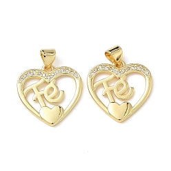Настоящее золото 18K Латунные микро проложить кубического циркония подвески, стойки покрытие, сердце со словом fe, без свинца и без кадмия, долговечный, реальный 18 k позолоченный, 19x18.5x1.5 мм, отверстие : 4x3 мм