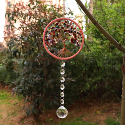 Mixed Stone Tree of Life Mixed Gemstone Chip Suncatcher, Glass Teardrop Pendant Decoration, 380mm
