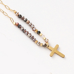 Седло Коричневый Религиозный крест 304 подвеска из нержавеющей стали, ожерелья из стеклянных бусин, реальный 14 k позолоченный, седло коричневый, 17.72 дюйм (45 см)