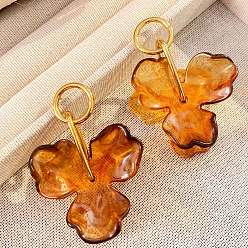 Chocolate 304 Stainless Steel Acrylic Stud Dangle Earrings, Flower, Golden, Chocolate, 57x36mm