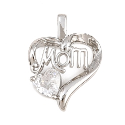 Platinum Mother's Day Brass Pave Clear Cubic Zirconia Pendants, Heart with Word Mom Charms, Rack Plating, Long-Lasting Plated, Lead Free & Cadmium Free, Platinum, 21x16x5mm, Hole: 3x2mm