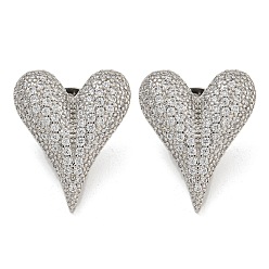 Платина Серьги-гвоздики из латуни с микропаве и циркониевым покрытием в форме стойки, без кадмия и без свинца, сердце, платина, 25x20.5 мм