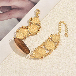 Oro Pulseras de cadena de eslabones de monedas repujadas de latón con dije de cuentas de arroz de ágata de café natural teñida de estilo vintage para mujer, dorado, 6.30 pulgada (16 cm)