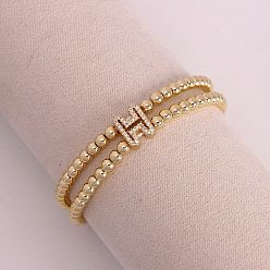 Letter H Браслеты из латуни с микропаве из прозрачных кубических циркониевых бусин, двойные нити, эластичные, для женщин, буква и круг, золотые, Письмо ч, 6.69 дюйм (17 см)