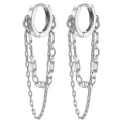 Платина Круглые серьги-кольца из латуни с микропаве из прозрачных кубических цирконий, подвеска в виде цепочки, платина, 60 мм