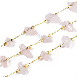 Розовый Кварц Латунные кабельные цепи, с натуральным розовым кварцем, пайки, с катушкой, долговечный, золотые, 1~8x3~17x1~8 мм, около 32.81 футов (10 м) / рулон
