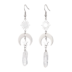 Нержавеющая Сталь Цвет Серьги с подвесками из грубых натуральных кристаллов кварца, Женские серьги-подвески Sun & Moon из нержавеющей стали и латуни, цвет нержавеющей стали, 82~83x19.5 мм