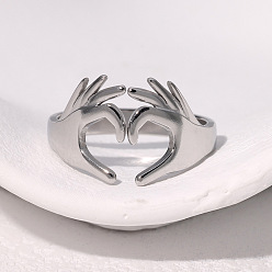 Stainless Steel Color 304 Stainless Steel Cuff Open Rings for Women, Double Hand Heart, Stainless Steel Color, Inner Diameter: 17.4mm