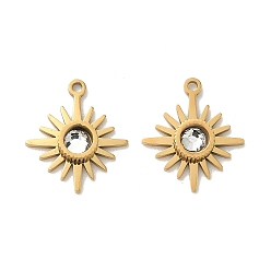 Настоящее золото 18K Ионное покрытие (ip) 304 брелок из нержавеющей стали, со стеклом, очарование солнца, реальный 18 k позолоченный, 14.5x13x3 мм, отверстие : 1.2 мм